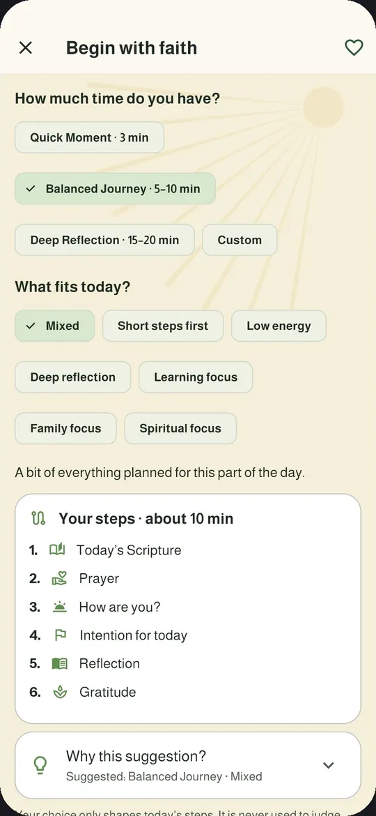 Begin with faith: choose how much time you have and what fits today