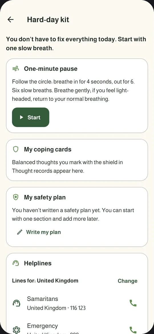 Hard-day kit with a one-minute pause, coping cards, safety plan and helplines