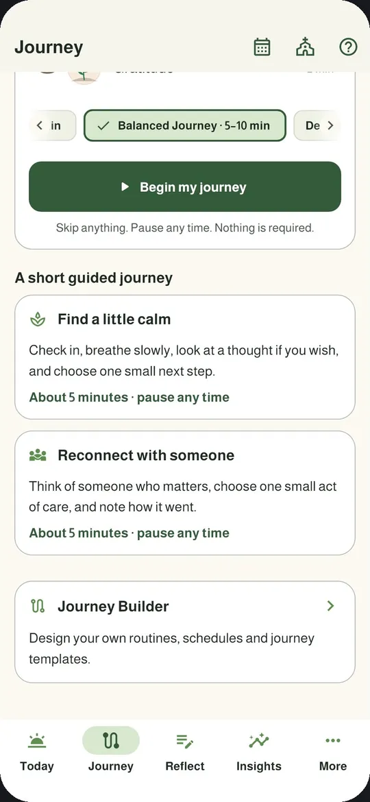 Choose your journey: Quick Moment, Balanced Journey, Deep Reflection or Custom