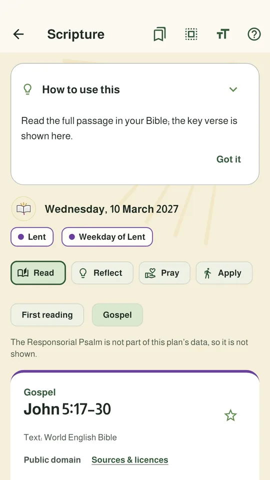 LuminaPath Scripture screen for Wednesday 10 March 2027 in Lent, showing the Gospel John 5:17-30