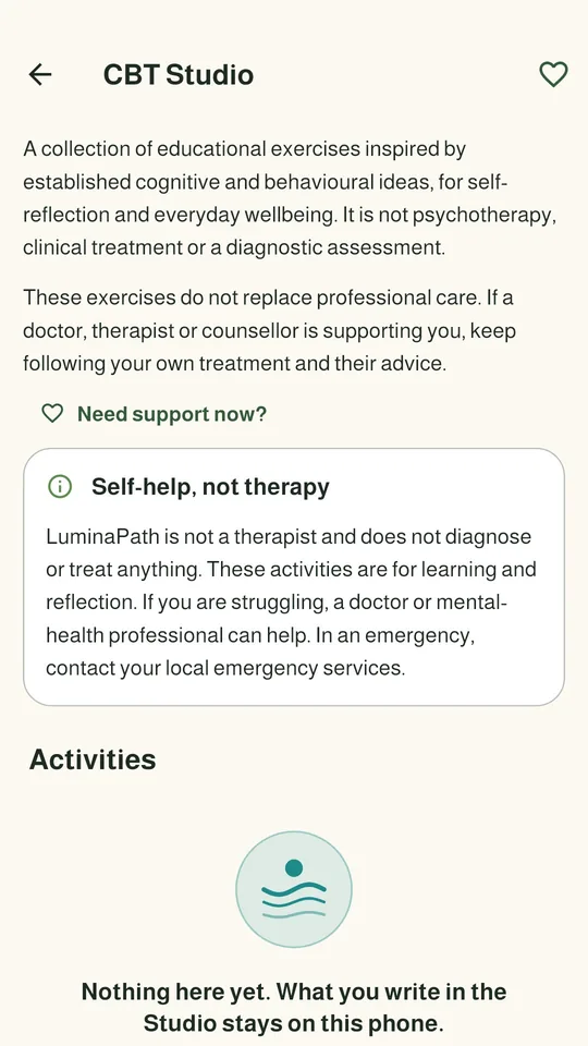 CBT Studio: educational exercises with a clear self-help, not therapy notice