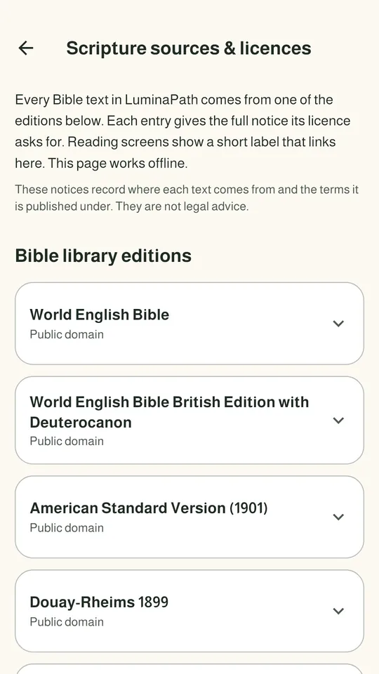 Scripture sources and licences: every Bible edition with its licence