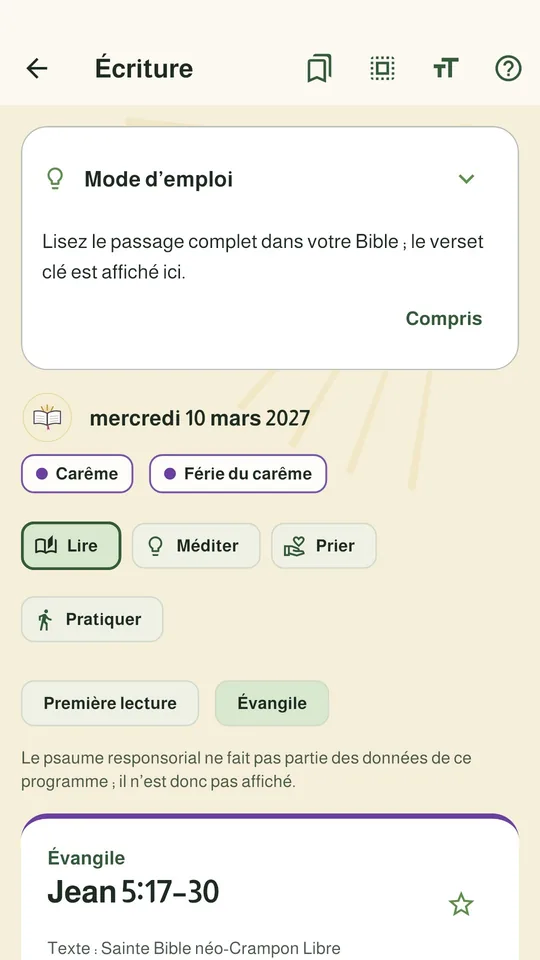 Écran Écriture de LuminaPath du mercredi 10 mars 2027, pendant le Carême, avec l'Évangile Jean 5,17-30